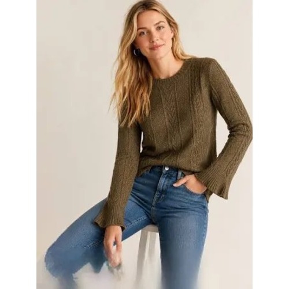 J.Crew Cable Knit Sweater Olive Green EUC Flare Bell Sleeve Wool Blend Preppy S